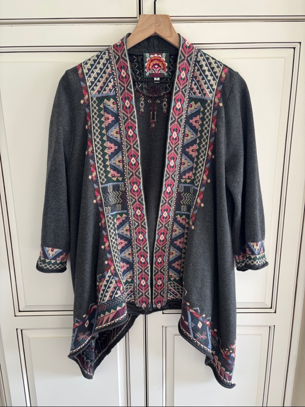 Johnny Was Aztec Embroidered‎ Boho Floral Open Cardigan Sweater Gray Pink Medium